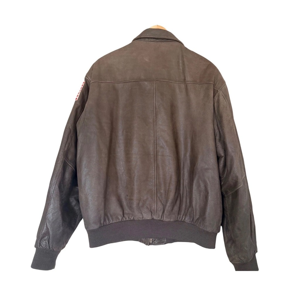 Vintage Savile Row Leather Bomber Jacket Mens L Brown Military USA Flag Aviator - Picture 2 of 8